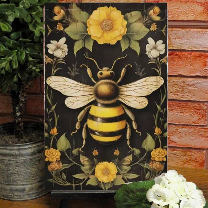 Big Yellow Bee on Black Metal Sign for wholesale by Bad Bunny Designs