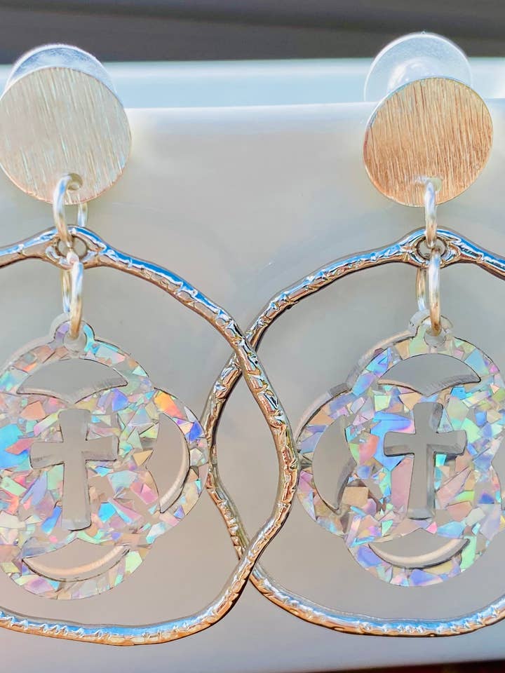 Iridescent Faith Cross Hoop Earrings- Silver for wholesale by Sandy Lou Designs