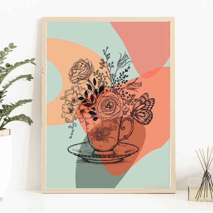 Retro Floral Tea Cup - Printed Wall Art - Art Decor - 8X10 for wholesale by Horse Fund Designs