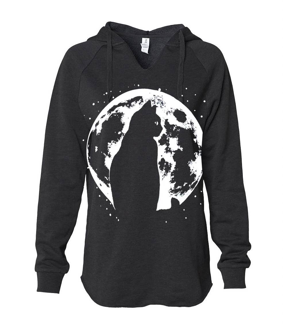 Mad Love Shop - Wholesale Hoodie - Dames - Zwarte fleecetrui met V-inkeping en capuchon voor op het strand met Cat Moon1