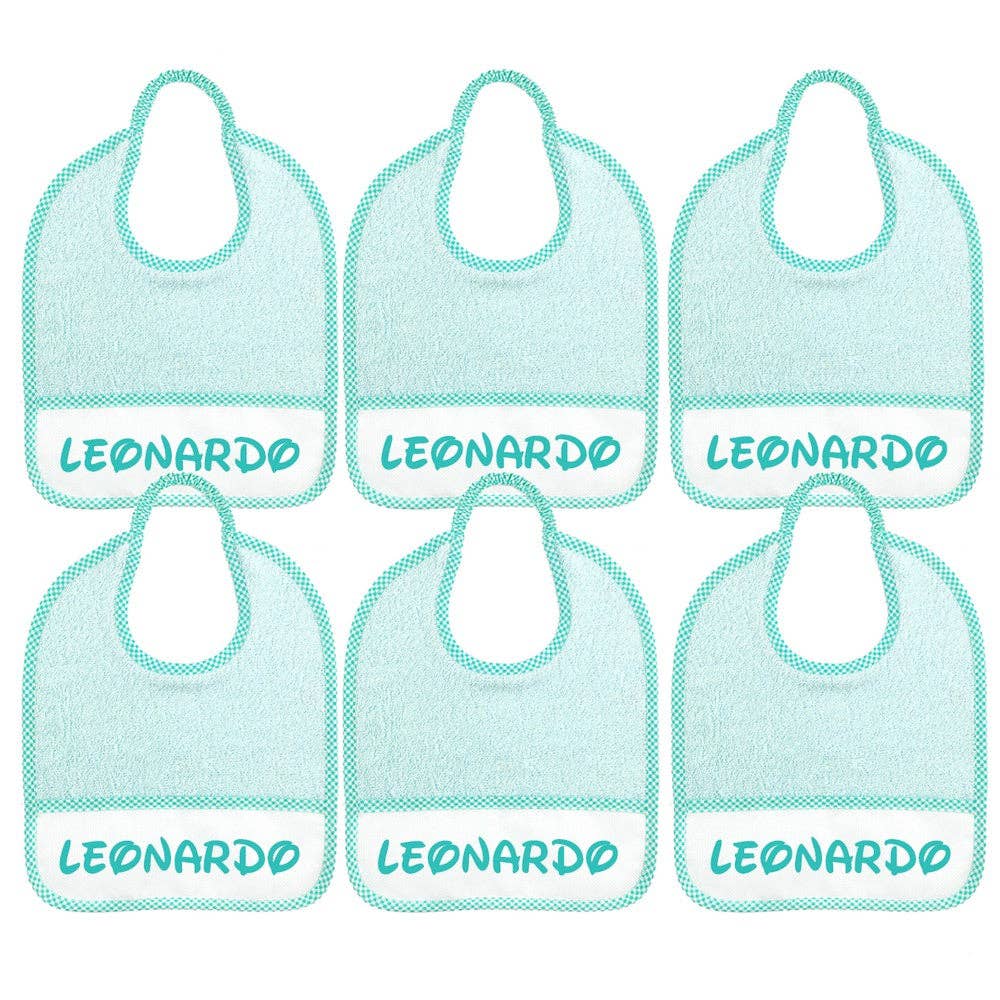 Almatex srl – Engroshandel Hagesmæk - Baby – 6 små hagesmække 24x27 med ELASTIK, tilpasset med det navn, du ønsker.7