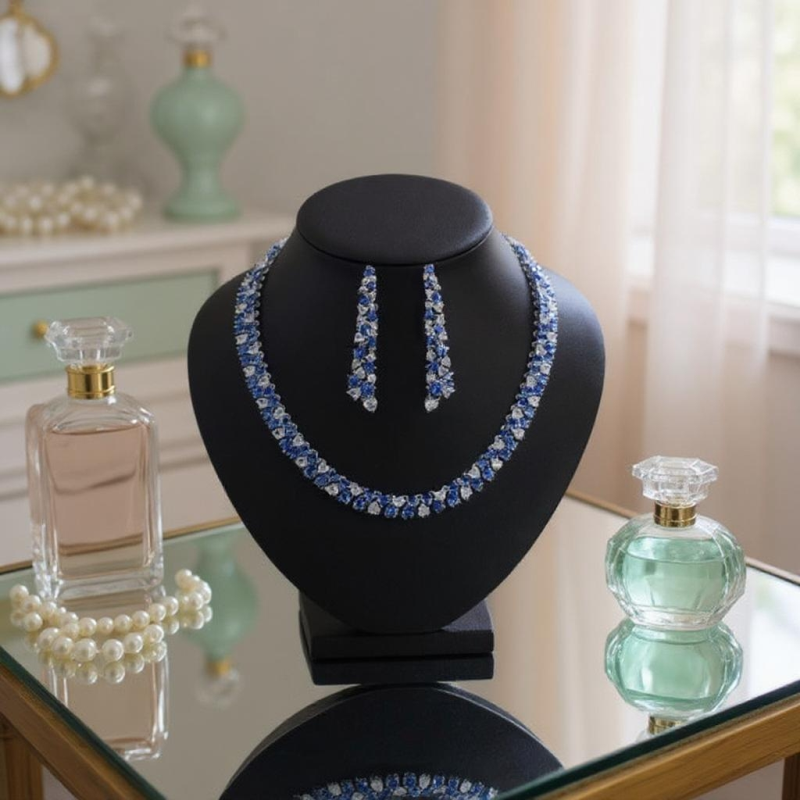 Athena Bridal Jewellery – wholesale Jewellery set – CZ COLLECTION - STATEMENT WATERFALL NECKSET - SAPPHIRE NK2691