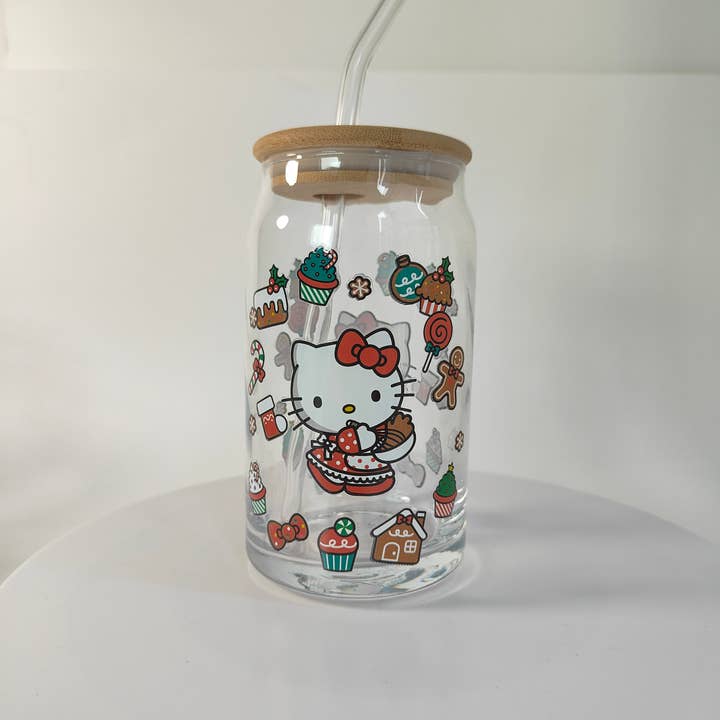Silver Buffalo - Wholesale Drinking Glass/Cup - Hello Kitty Sweet Holiday 16oz Glass Tumbler w Bamboo Lid