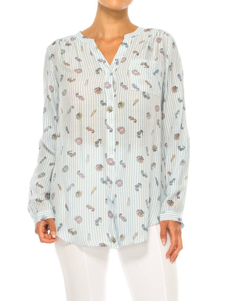 Haut boutonné à manches 3/4 imprimé Zac & Rachel pour la vente par New Yorker's Apparel