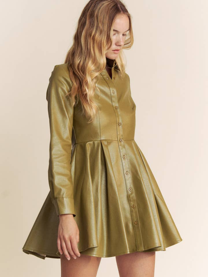 Hers & Mine - Wholesale Dress - Women's - PU BUTTON DOWN FLAIR MINI DRESS