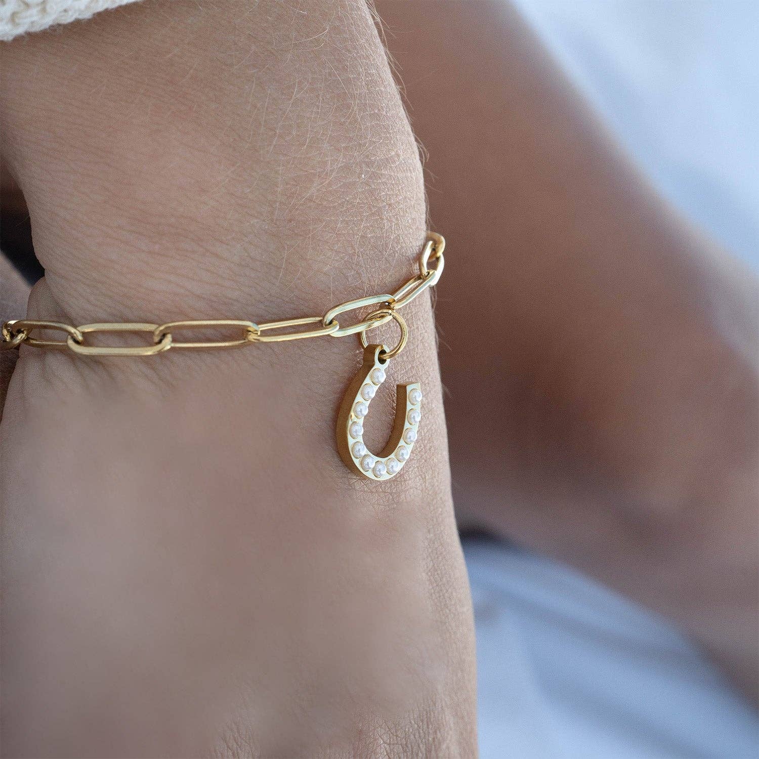 WJW - Wholesale Individual Charm/Pendant - 18K Gold PVD Stainless Steel Pearl Beaded Horseshoe Charm1