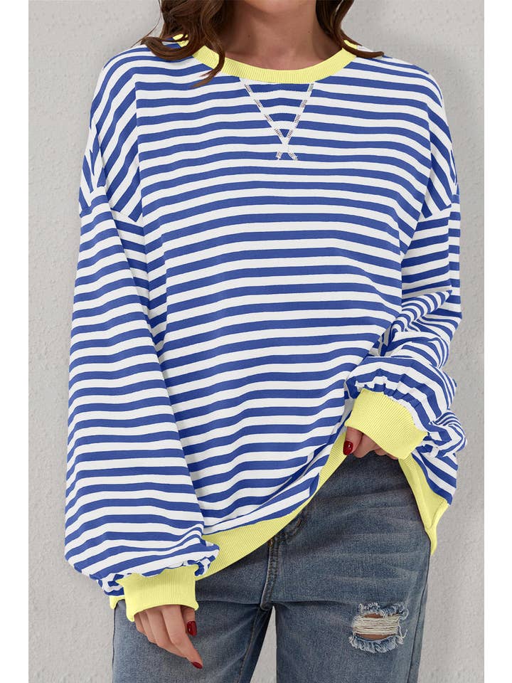 Amaryllis Apparel - Wholesale Sweatshirt - Women's - Stripe Oversized Contrast Trim Pullover Sweatshirt16