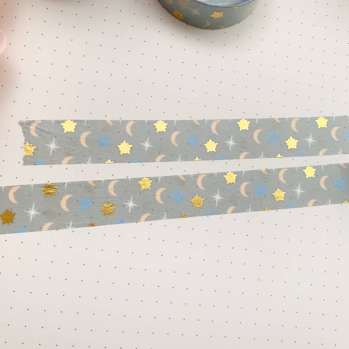 Blauwe washitape in goudfolie met maan en sterren voor wholesale door Annie's paper studio