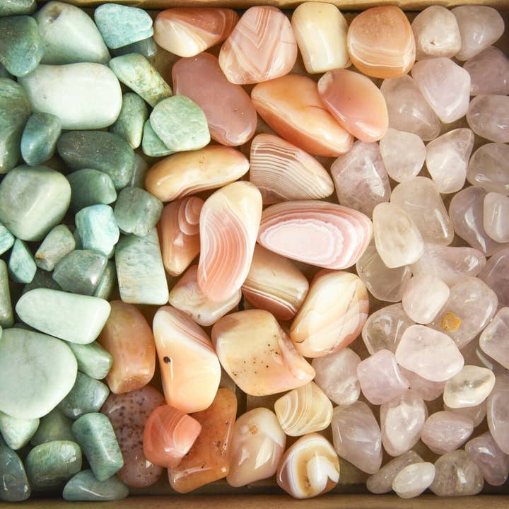 Tumbled Gemstone Collection Amazonite, Banded Carnelian, & Rose Quartz for wholesale by Tree of Life Gems