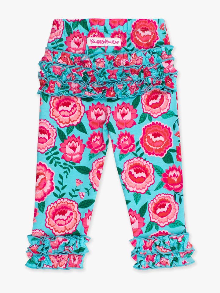 Azul Leggings Clássicas com Folhos Traseiros Assinatura para Meninas Pequenas com Flores Brilhantes para venda a revendedores na Faire9