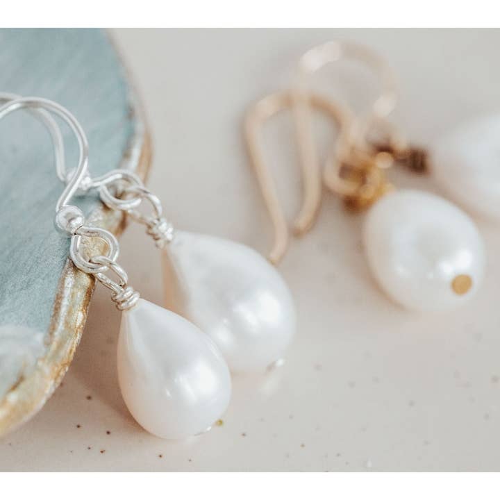 White Pearl Drop Earrings: Sterling Silver Bridal Jewelry for wholesale by The Rustic Boho Chic
