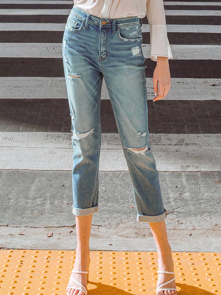 JEAN BOYFRIEND À DOUBLE REVERS VIEILLI TAILLE HAUTE F4168 pour la vente par FLYING MONKEY