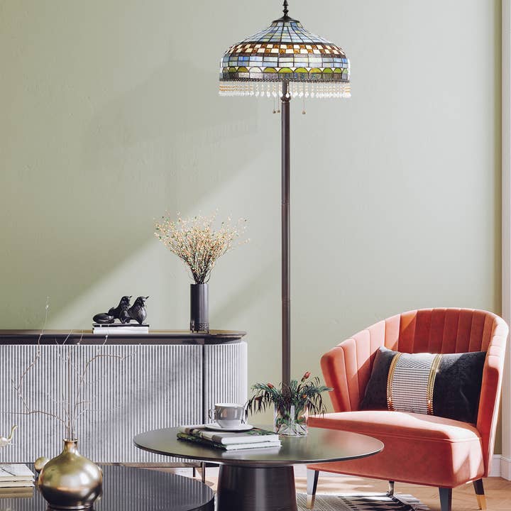 64"H Blue Stained Glass Dome Shade Candlestick Floor Lamp for wholesale by River of Goods