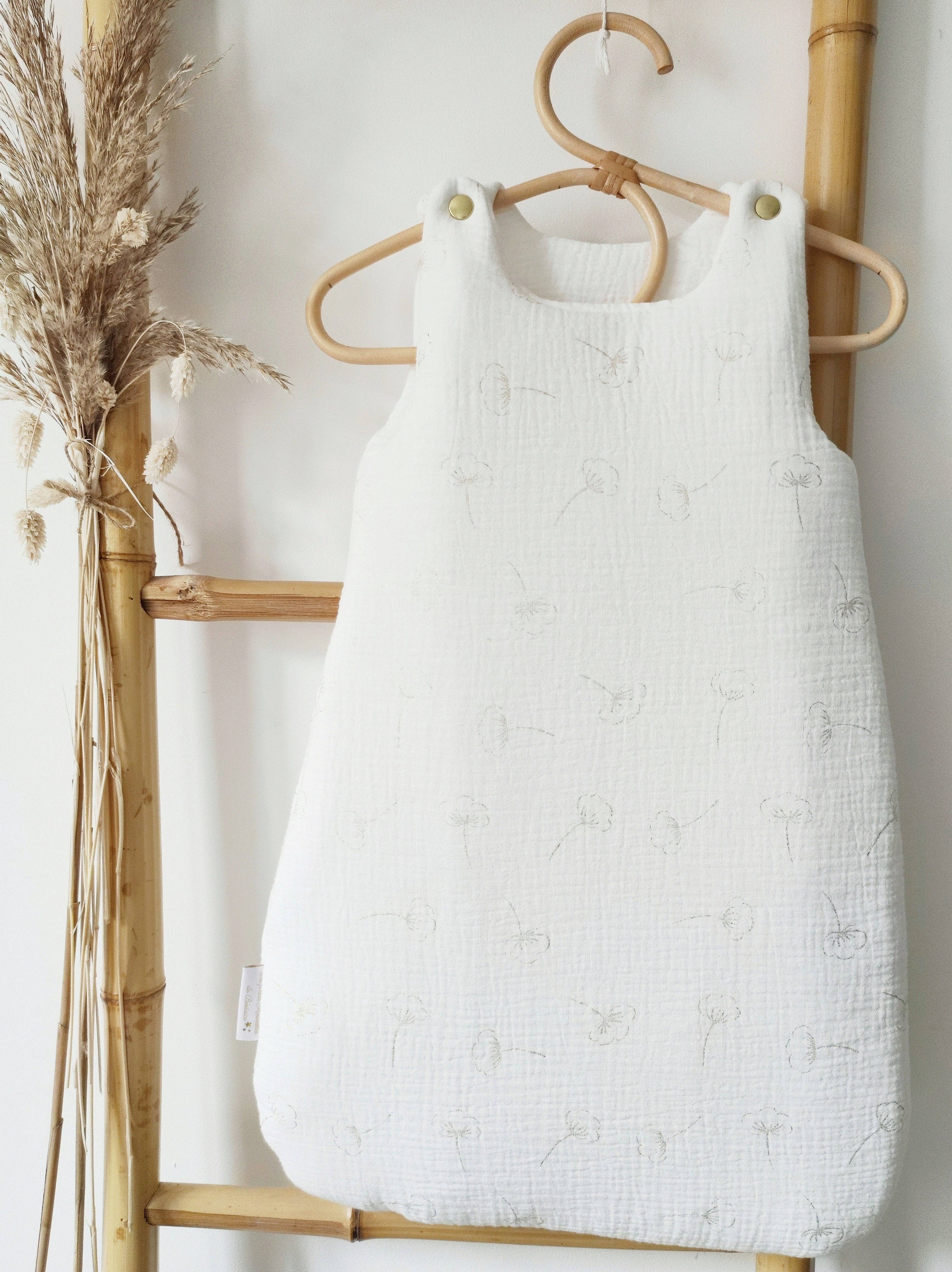 Les p'tites Merveilles de Bérénice - Wholesale Bodysuit (Non-Footed) - Baby - Sleeping bag 0-3 months “Golden cotton flowers” in off-white double cotton gauze1