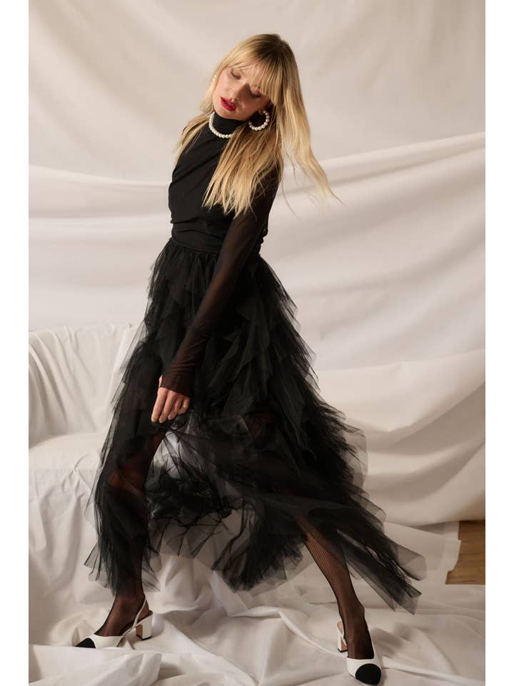Black Ruffled Mesh Long-Sleeve Mock-Neck Maxi Dress for wholesale on Faire