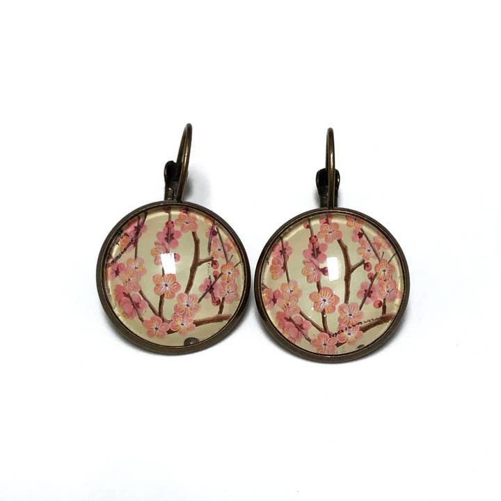 2014 Japanese Cherry Blossom Stamp - Postage stamp jewelry - Postage Stamp Earrings - French clip earrings in antique bronze finish for wholesale by Postage Stamp Jewelry