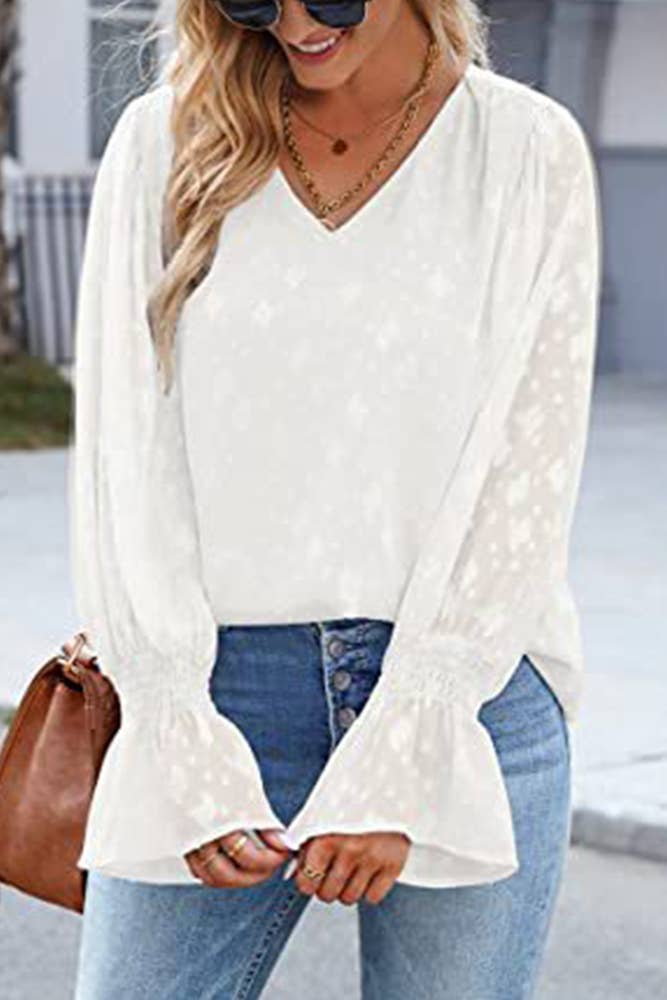 UNISHE - Wholesale Blouse - Women's - V Neck Lace Sheer Flare Sleeves Blouse AXR00517