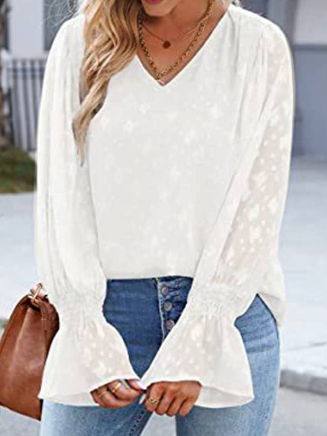 UNISHE - Wholesale Blouse - Women's - V Neck Lace Sheer Flare Sleeves Blouse AXR00517