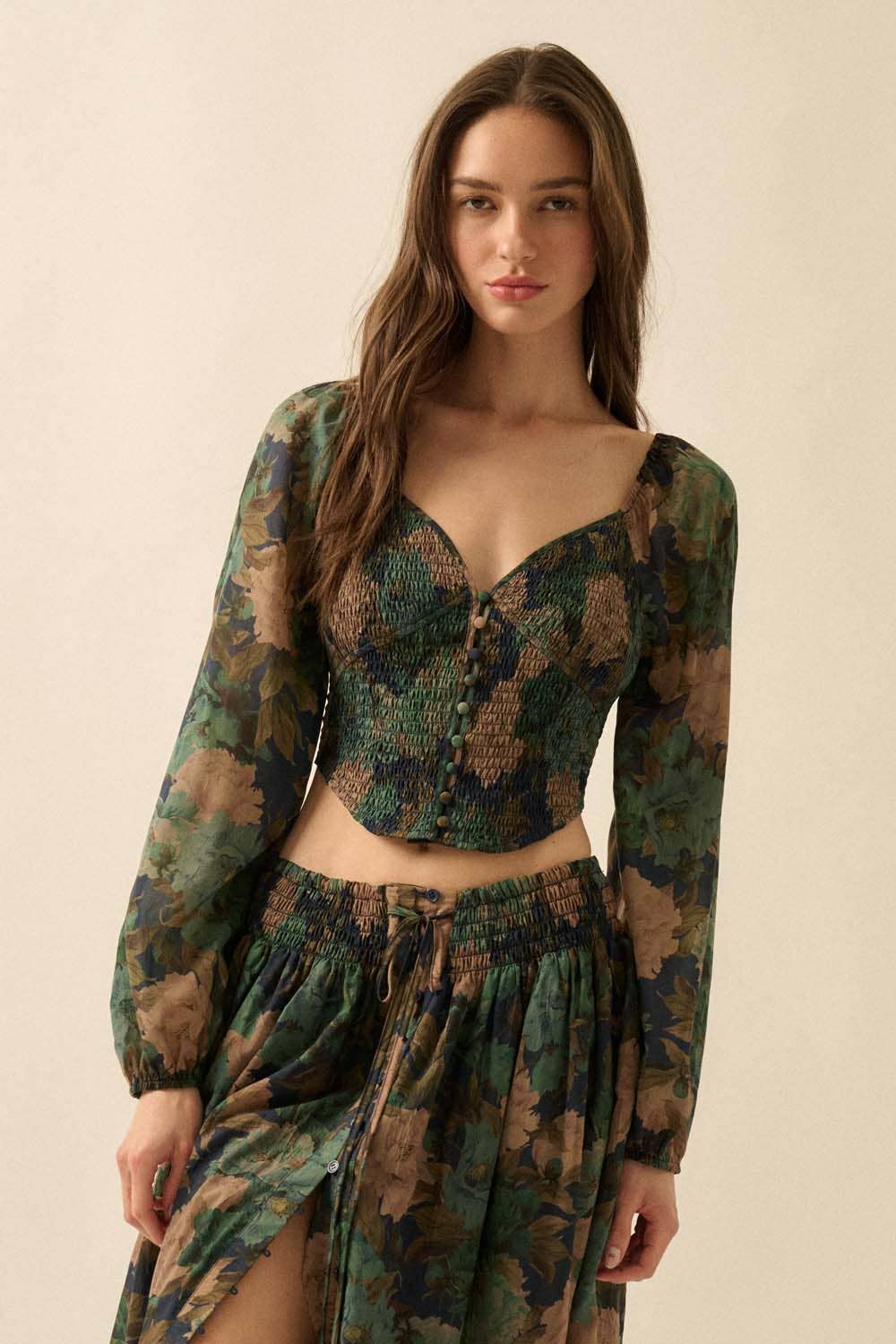 Promesa USA - Wholesale Blouse - Women's - Floral-Print Smocked Sweetheart Corset Peasant Top0