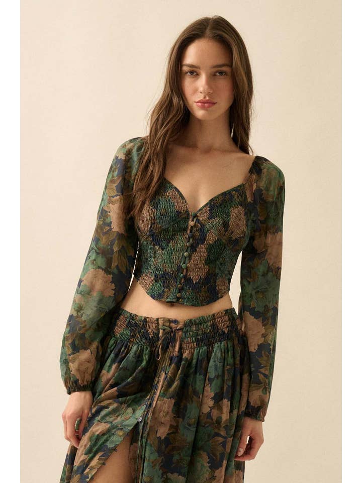 Promesa USA - Wholesale Blouse - Women's - Floral-Print Smocked Sweetheart Corset Peasant Top