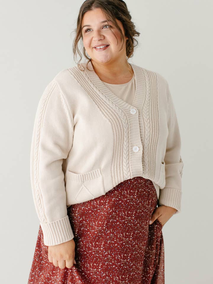 Cream 'Blaine' Cable Knit Detail Cotton Cardigan for wholesale on Faire1