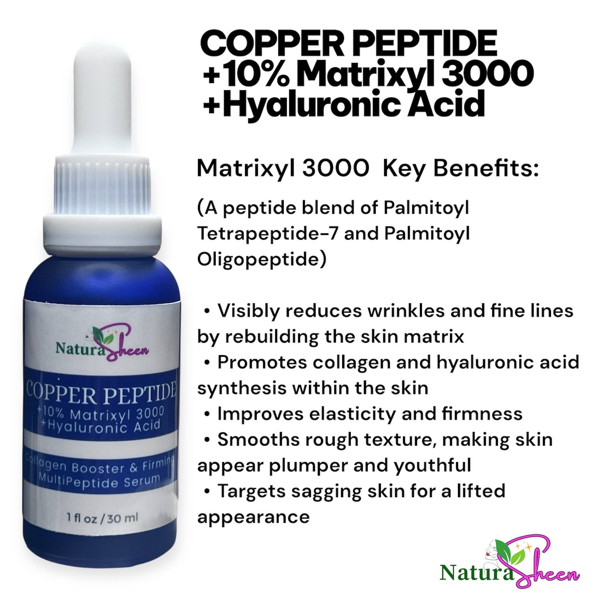 NaturaSheen Skin Care - Wholesale Facial Serum/Concentrate - 3% Copper Peptide + 10% Matrixyl 3000 + Hyaluronic Acid Multipeptide Serum 1 oz Anti-aging Firming Collage. booster3