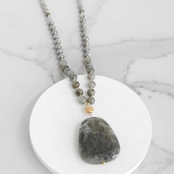 Beaded boho Necklace Mala Semi Precious Gray Stone and beads for wholesale by PennyLine inc
