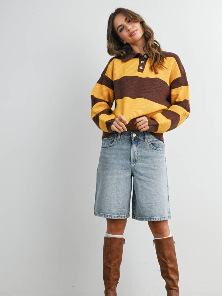 Striped Color Block Collared Sweater - BMW8098 for wholesale by BUTTERMELON