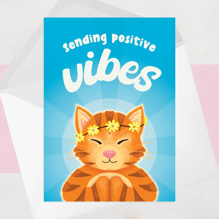 Positive Vibes Good Luck Card - Retro - Meditating Cat for wholesale by OCD Greeting Cards