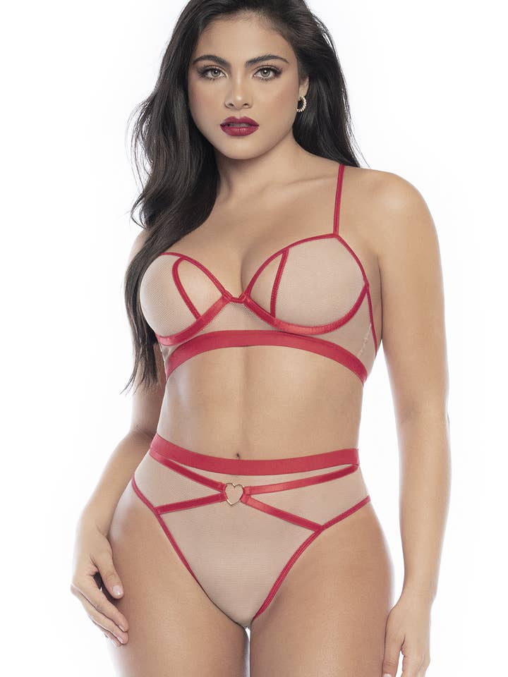 Set i två delar i fin nät, kroppsfärgat med röda detaljer för wholesale av Mapalé