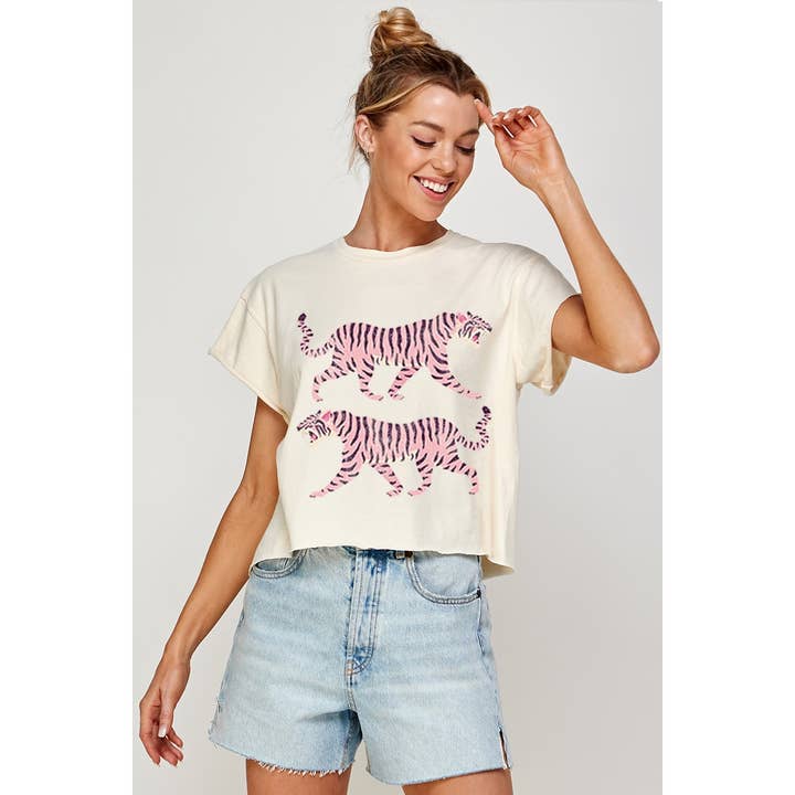 Illustrated Society - Vendita all'ingrosso Maglietta serigrafata - Donna - TOP CORTO CON GRAFICA VINTAGE TIGERS2