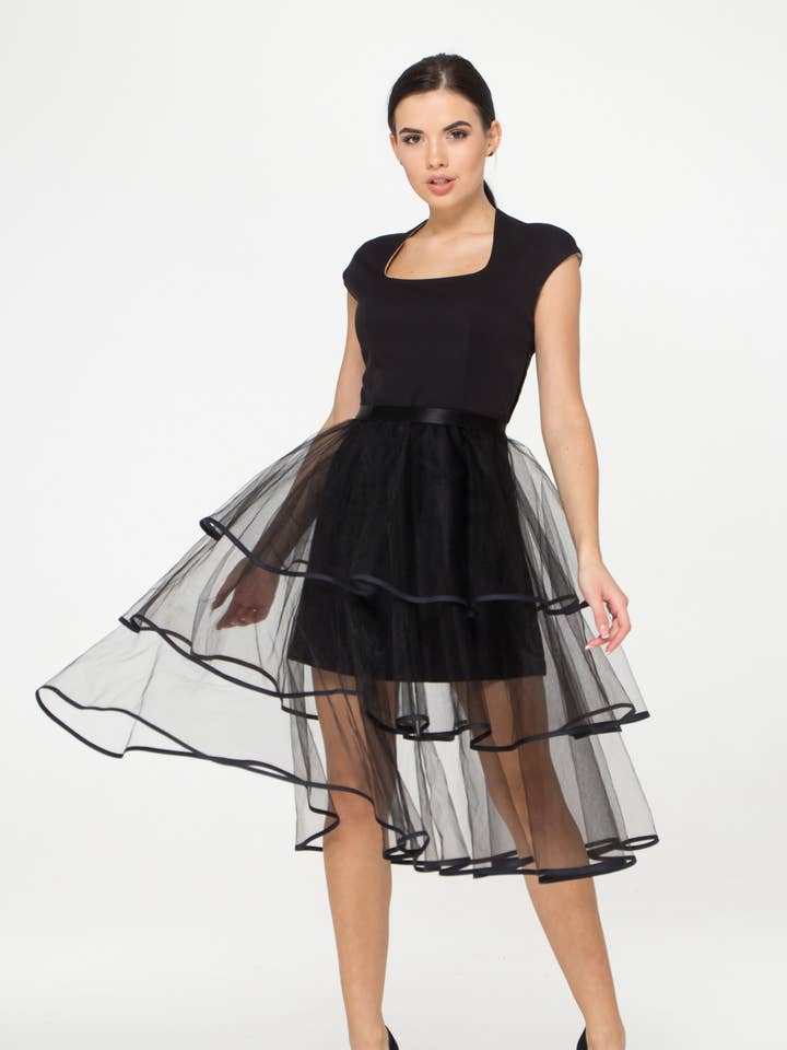 Minivestido de cocktail preto com saia de tule removível por atacado de TAVROVSKA