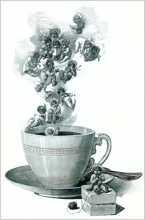 Found Image Press - Vente Affiche d'art - Impression d'art CF-115 Bébés flottant au-dessus d'une tasse de café