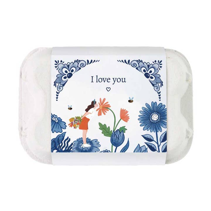 Delft Blue Egg Box with 6 Seed Bombs – I Love You for wholesale by Blossombs