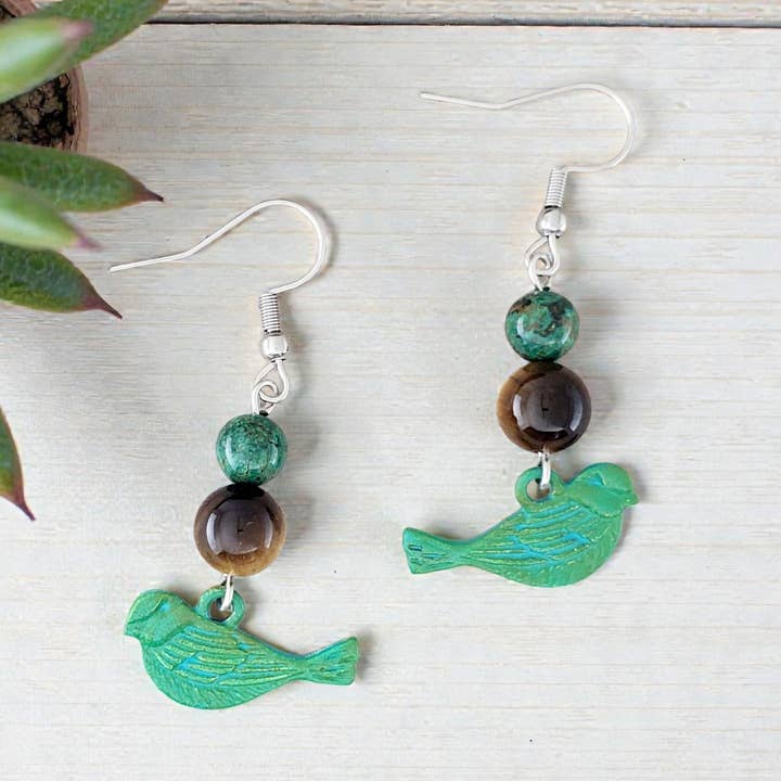 Patina Bird with Tiger Eye, Chrysocolla Stainless Earrings for wholesale by Covaly Artisan Jewelry