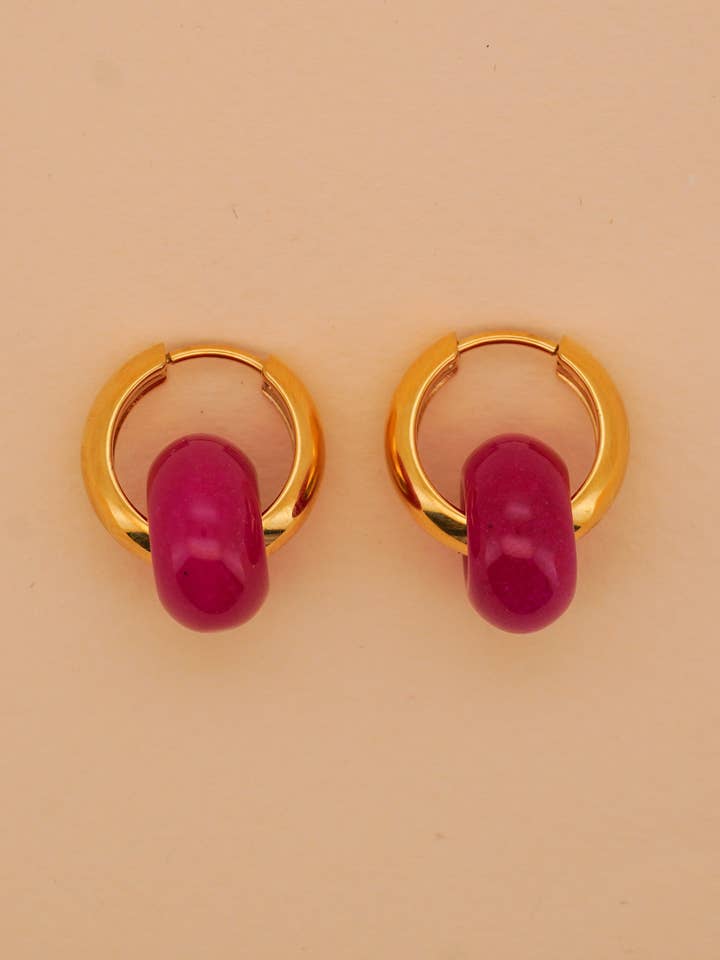 Stone Hoop Earrings in Fuchsia Jade for wholesale by Paulina Otero