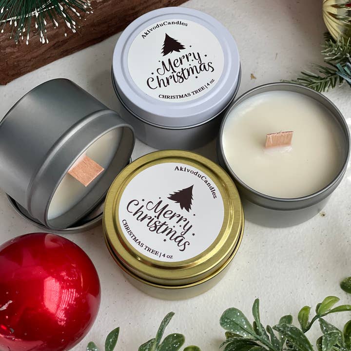 Akivodu Candles – wholesale Travel candles – Merry Christmas Scented Candle in 4 oz Tins Holiday Scents 1