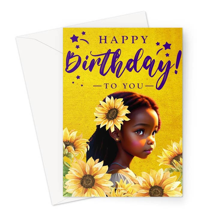 “Charming Sunflower Birthday Card for Little Girls - Vibrant Yellow & Purple Design with Joyful Wishes Greeting Card for wholesale by D'Sare