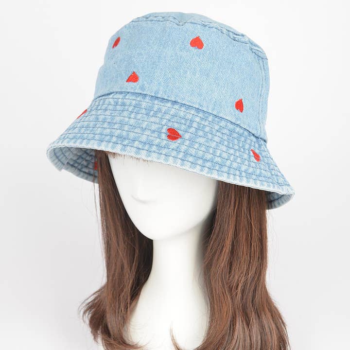 Denim Heart Embloidery Bucket Hat for wholesale by 3AM BY H&D ACCESSORIES