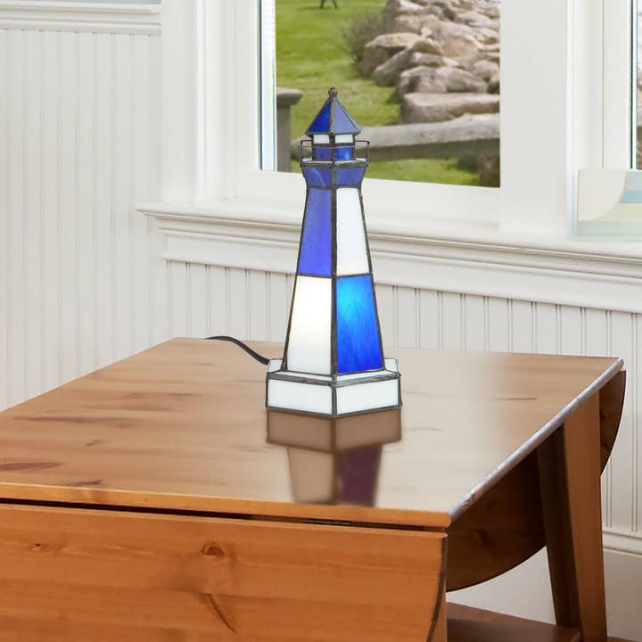 River of Goods - Wholesale Accent/Desk Lamp - 10.4"H Blue & White Stained Glass Lighthouse Accent Lamp