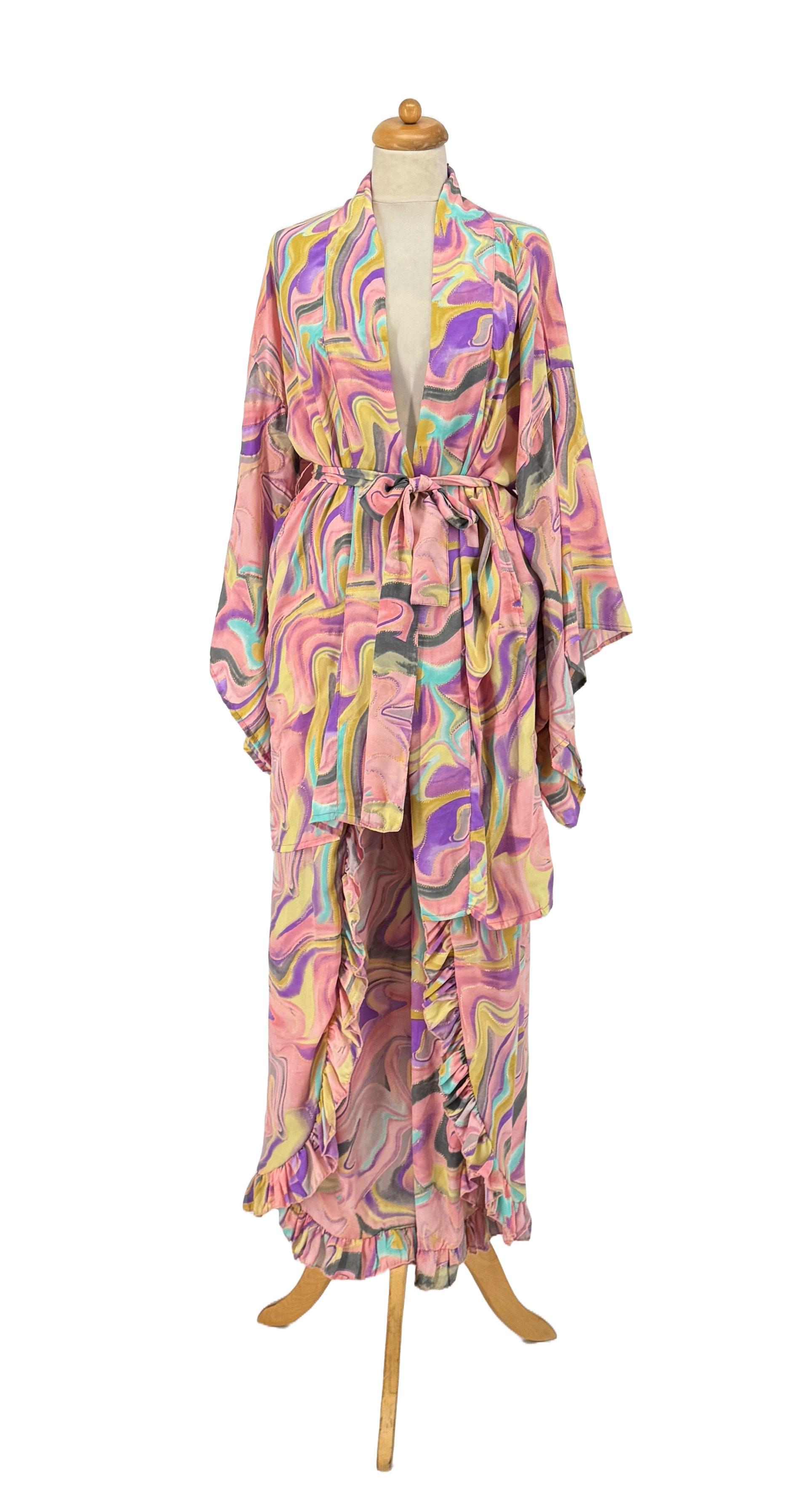 (BLEU - ROSE - VERT) Kimono court en soie froide à imprimé abstrait en vente sur Faire6