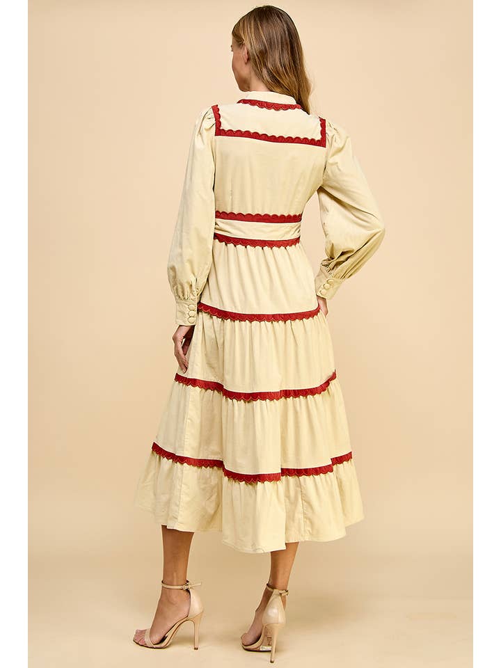 Beige CD04322-Tiered Scalloped Detail Long Sleeve Midi Dress for wholesale on Faire