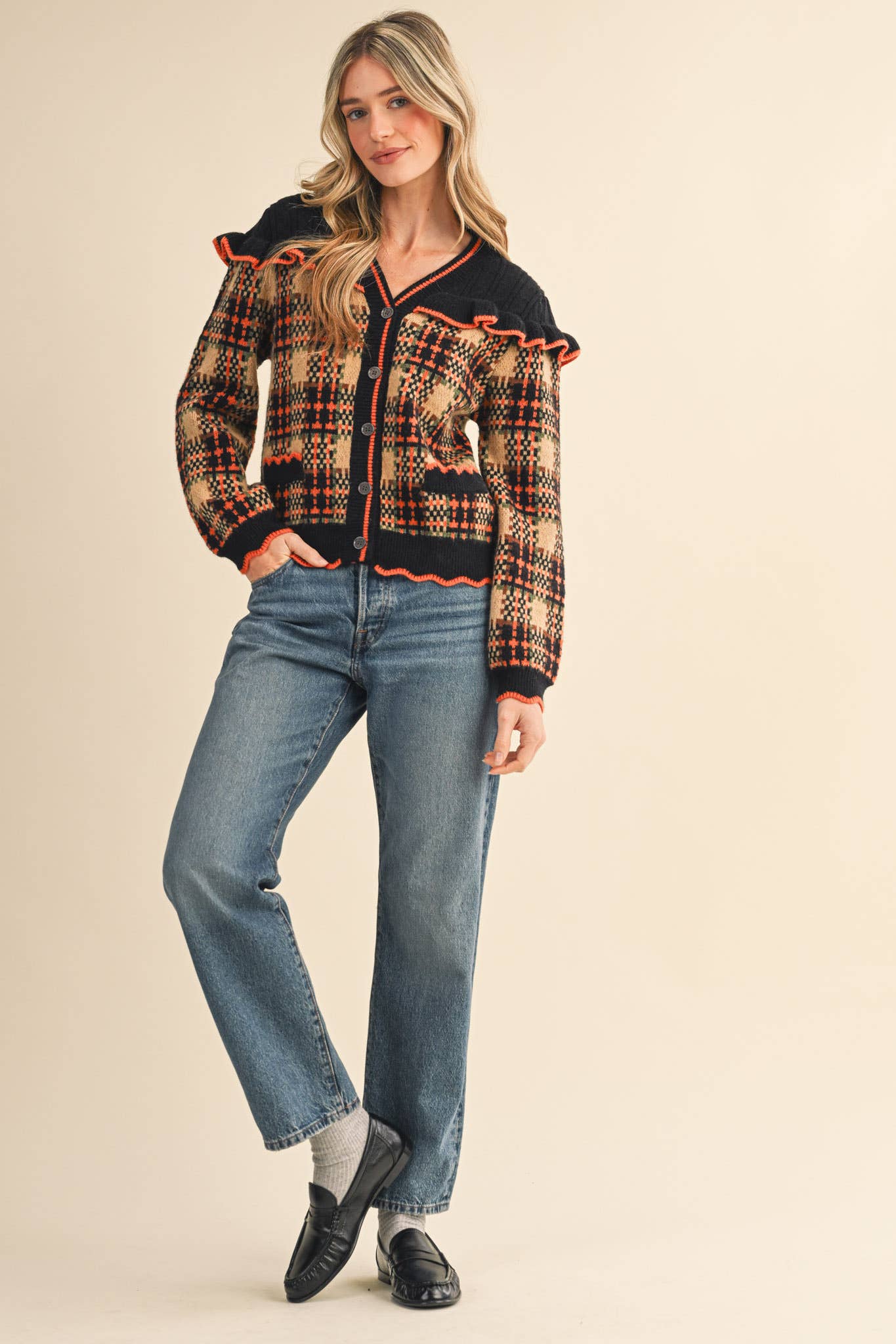 &MERCI - Wholesale Cardigan - Women's - RUFFLED YOKE PLAID SWEATER CARDIGAN MSW111857