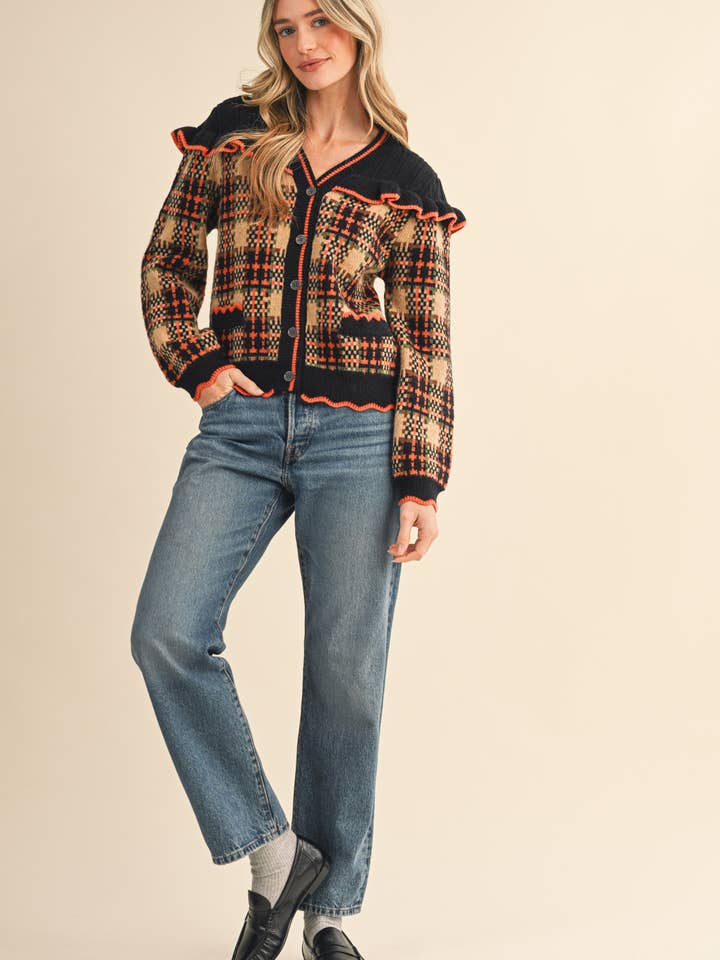 &MERCI - Wholesale Cardigan - Women's - RUFFLED YOKE PLAID SWEATER CARDIGAN MSW111857