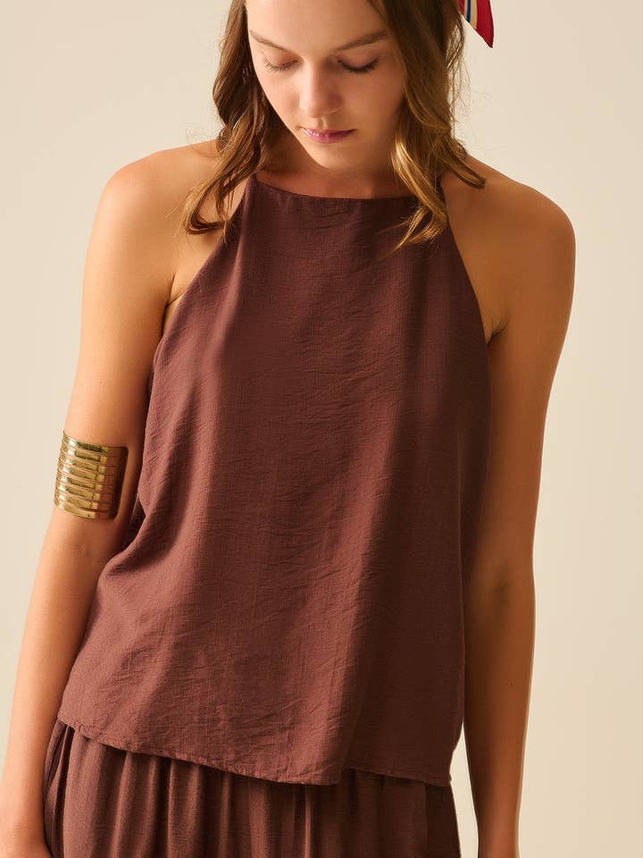 Halter Neck Basic Summer Tank in Chocolate brown for wholesale by Q2—All Orders:Free Duties for the US,UK,and Canada