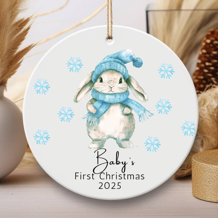 Baby Boy's First Christmas Ornament - Bunny Rabbit Keepsake for wholesale by Stad Woodlands