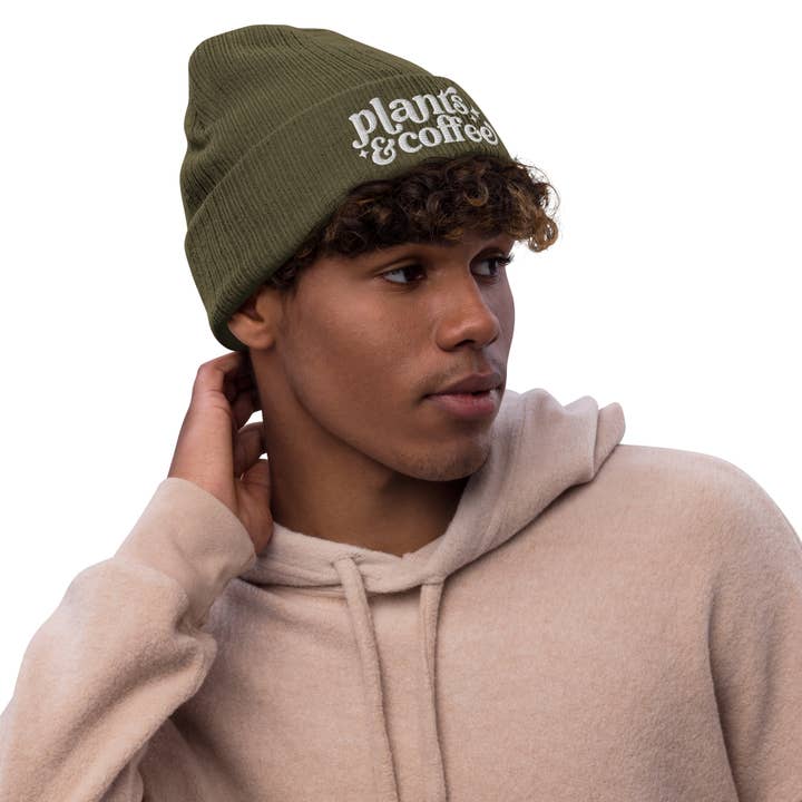Above The Soil - Wholesale Beanie - Unisex - Plants and Coffee Olive Ribbed Knit Beanie - Coffee Shop2