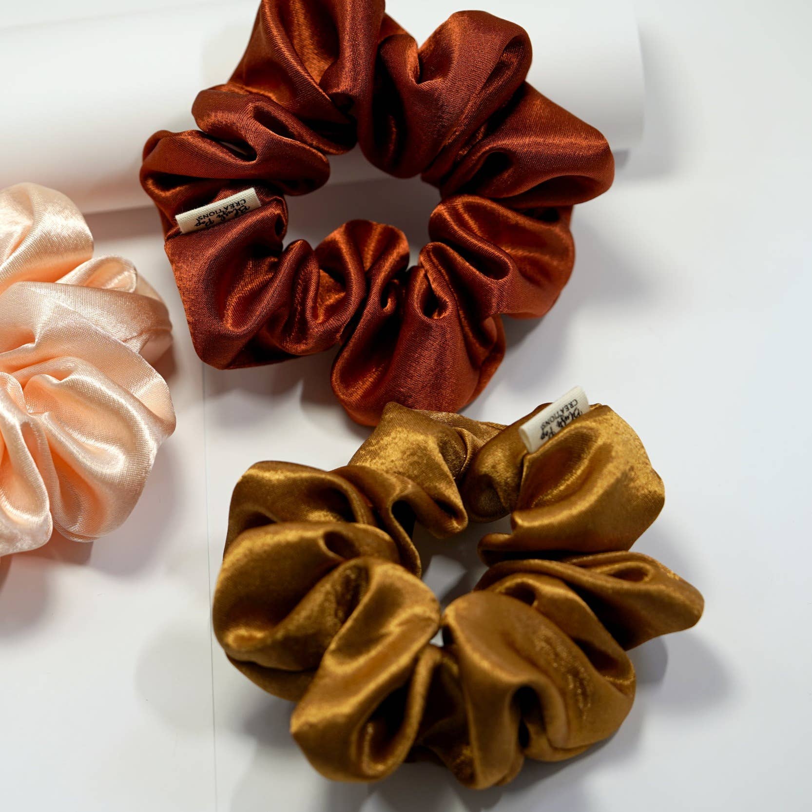 Blush Pop Creations - Wholesale Scrunchie - Women's - SOFT CARAMEL SATIN SCRUNCHIE HAIR TIE3