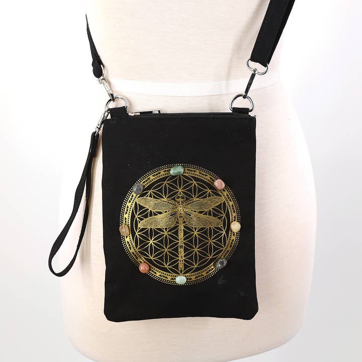 Dragonfly & Crystal Shoulder Bag in Canvas for wholesale by COMECO INC