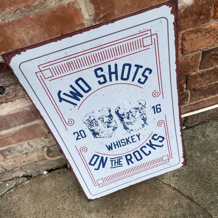Two shots whiskey on the rocks Bar Sign Metal Sign for wholesale by The British Metal Signs Company